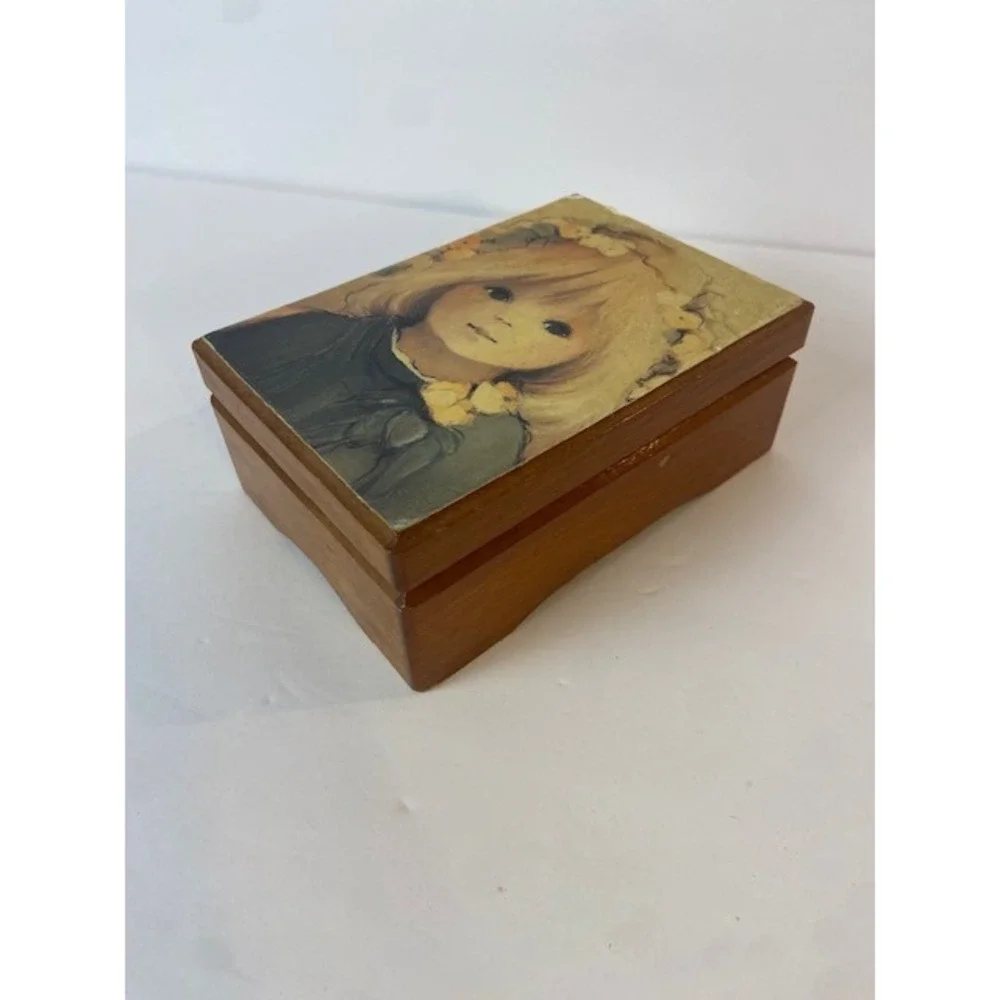 Vintage Wooden Jewelry Box Girl with Flower Crown Portrait Yellow Lining Mirror